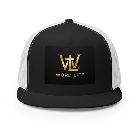 Word Life trucker cap — black/white, front