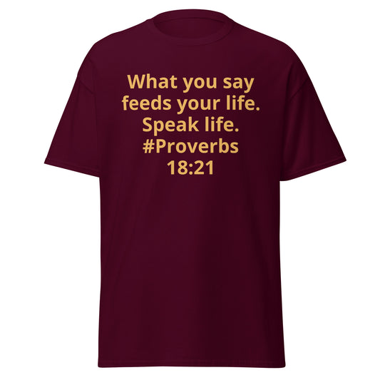Proverbs 18:21 tee — maroon, front