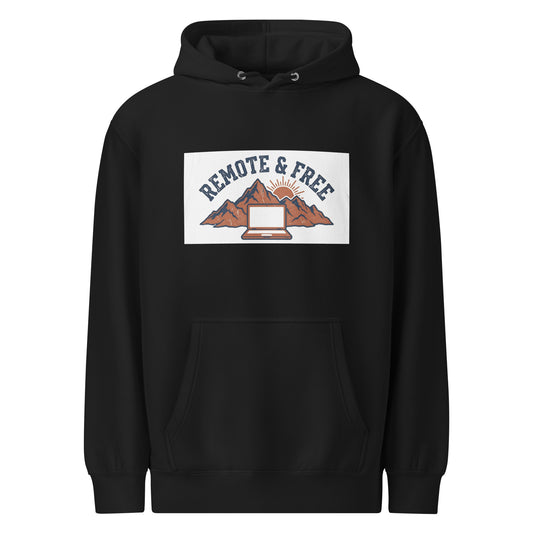 Remote & Free hoodie — black, front